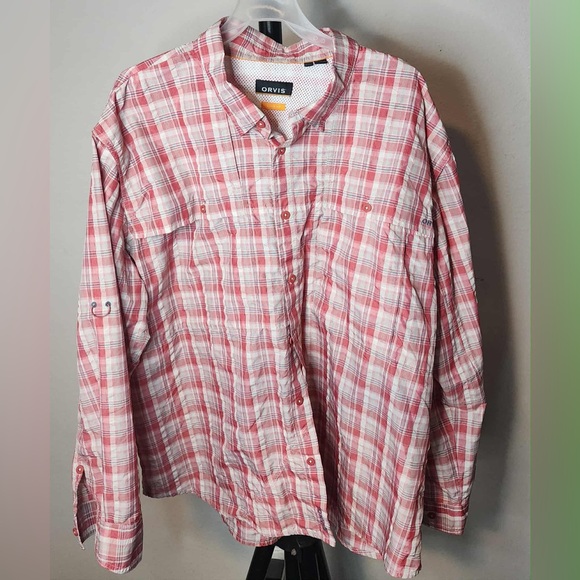 Orvis Red Plaid Nylon Active Fit Fishing Button Up Long Sleeve Mens Size XXL - Picture 1 of 5